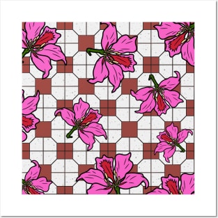 Hong Kong Bauhinia with Brick Red Tile Floor Pattern - Summer Flower Pattern Posters and Art